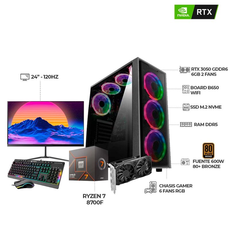 AMD - PC GAMER R7 8700F RX3050 6GB RAM 32GB DDR5 SSD 512GB B650 + MONITOR 24 120HZ FHD