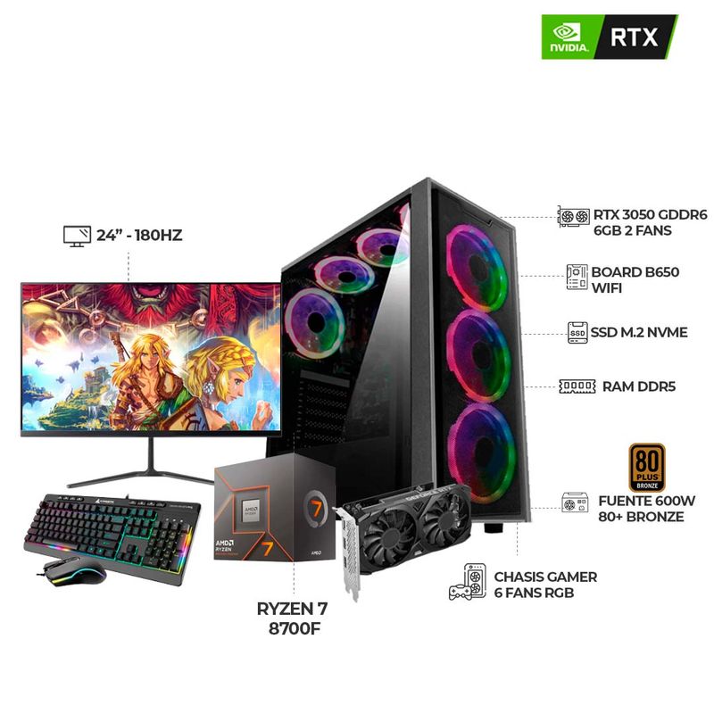 AMD - PC GAMER R7 8700F RTX3050 6GB RAM 64GB DDR5 SSD 1TB B650 + MONITOR 24 180HZ FHD