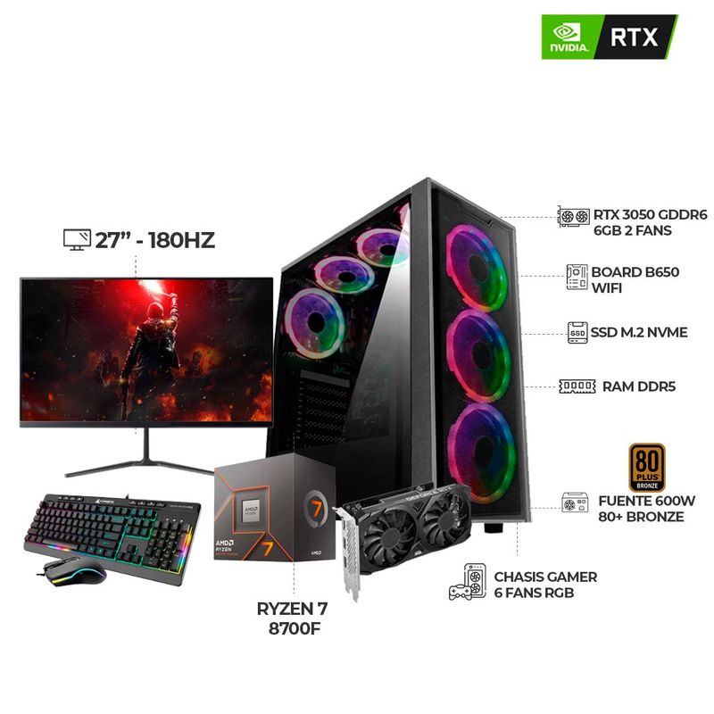 AMD - PC GAMER R7 8700F RTX3050 6GB RAM 32GB DDR5 SSD 1TB B650 + MONITOR 27 180HZ FHD