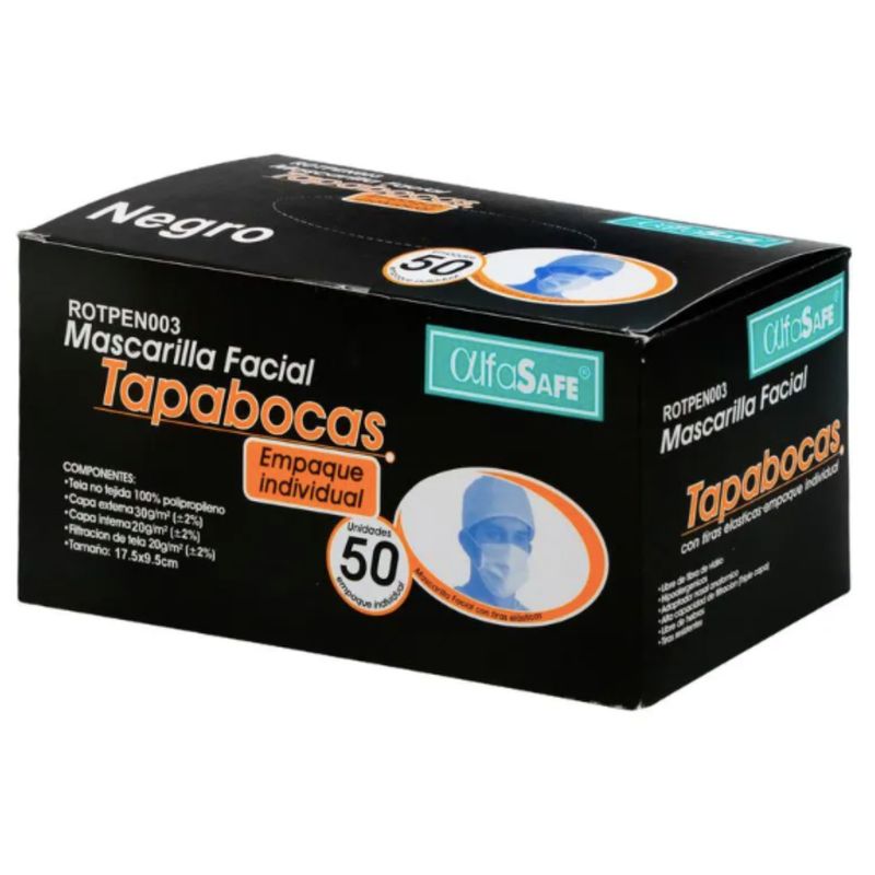 ALFA SAFE - TAPABOCAS ELASTICO ALFASAFE NEGRO EMPAQUE INDIVIDUAL x 50 ud