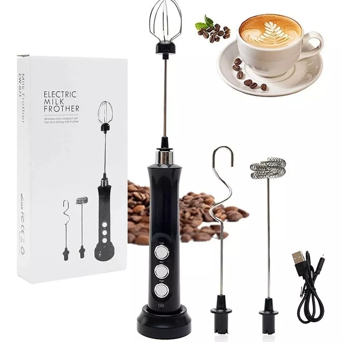 GENERICO - Espumador De Leche Batidor 2 En 1 Recargable Electrico NEGRO