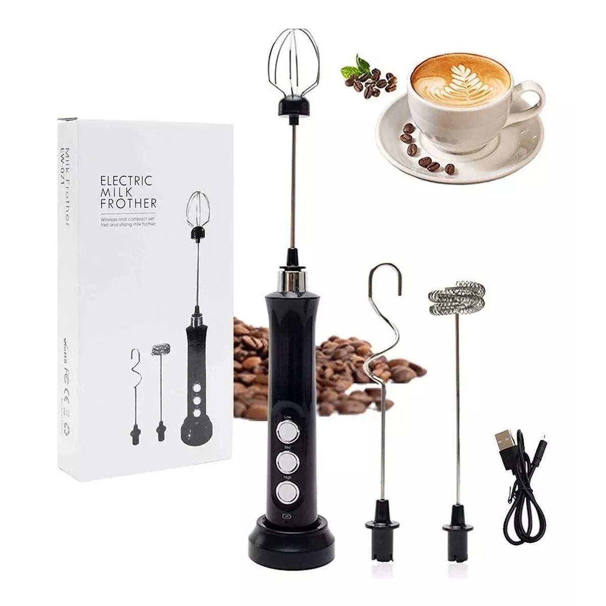 GENERICO - Espumador De Leche Batidor 2 En 1 Recargable Electrico NEGRO