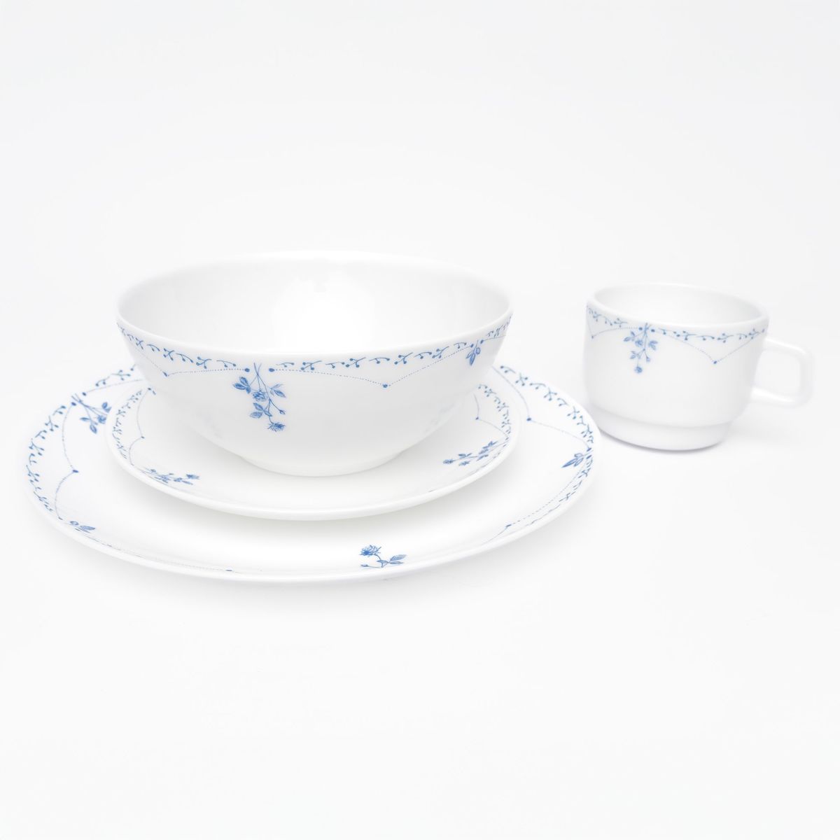 ESSENZA - Vajilla en Vitroceramica Luna Round Blanco Azul 16 Piezas