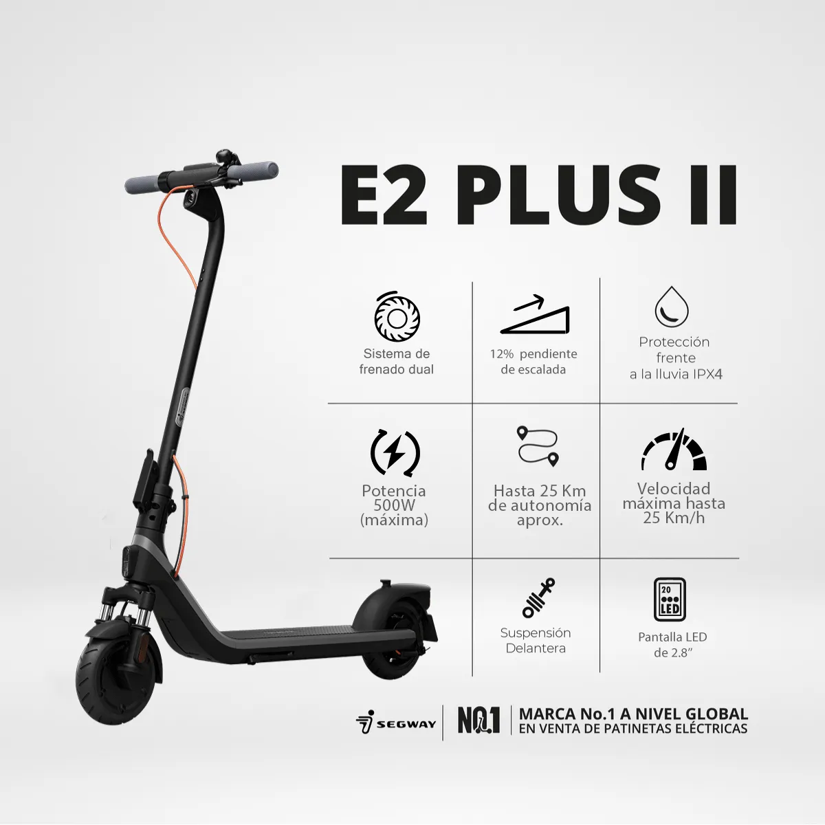 SEGWAY - Patineta eléctrica Segway E2 Plus ll 500W 25kmh 25 Autonomia + Candado