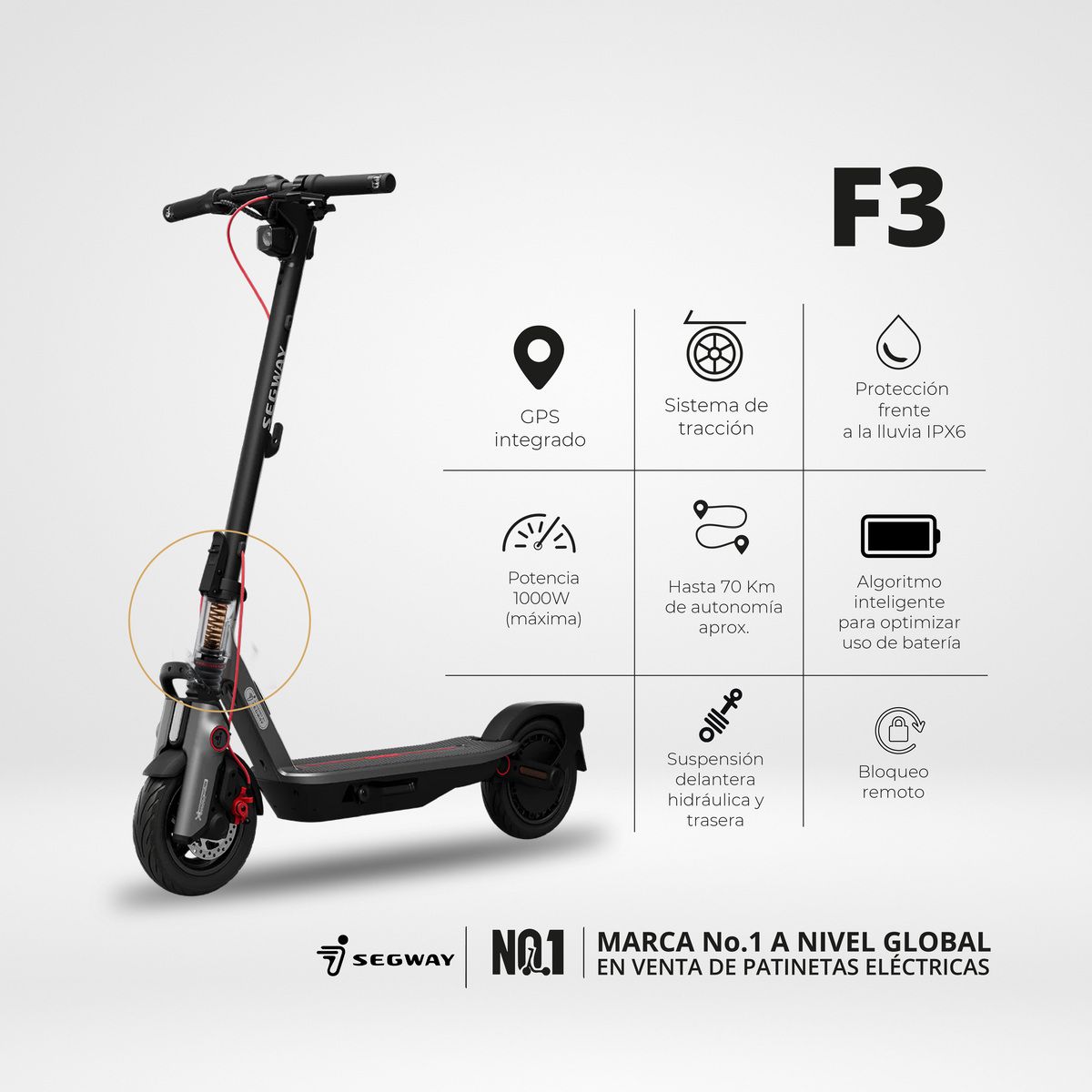 SEGWAY - Patineta eléctrica Segway F3 1000W 32kmh 70 km Autonomía