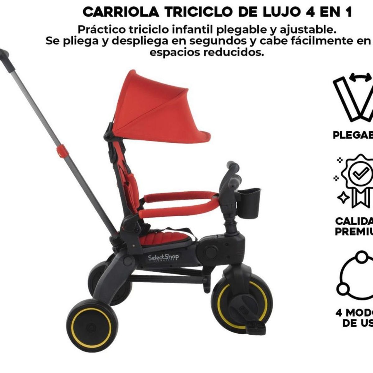 GENERICO - Carriola Triciclo De Lujo Plegable 4 en 1 Para Bebe Rojo