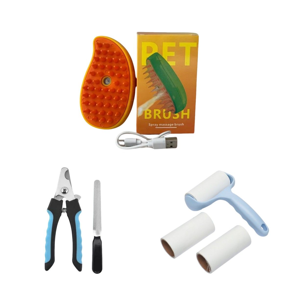 GENERICO - Cepillo Vapor + Corta Uñas + Rodillo Quita Pelo Kit Mascotas
