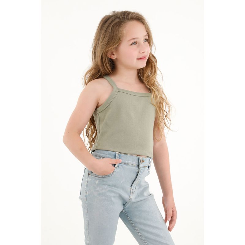 TENNIS - Camiseta crop verde en rib para niña