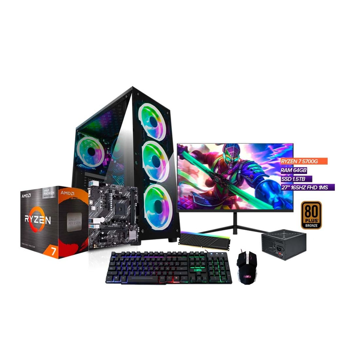 AMD - Torre Gamer Ryzen 7 5700G/ 64GB RAM /1.5TB SSD/ Board A520M / Monitor 27''