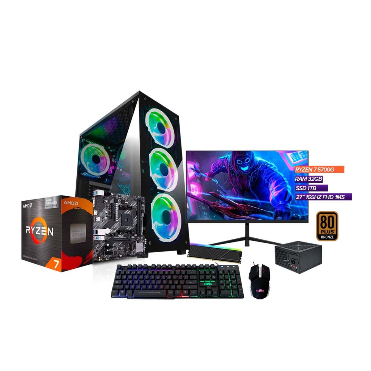 AMD - PC Gamer Ryzen 7 5700G / 32GB Ram / 1TB SSD / Board A520 / 700W 80+ / Monitor 27'' 180Hz + Combo