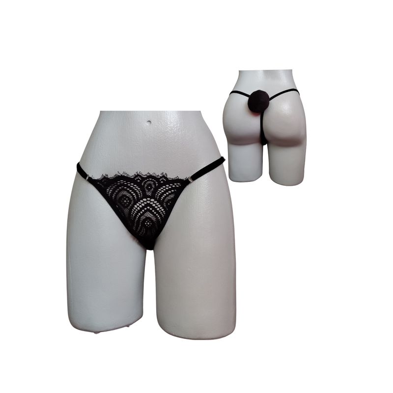 GENERICO - Tanga con Pom Pom en Encaje Tipo Hilo Negro Talla Única