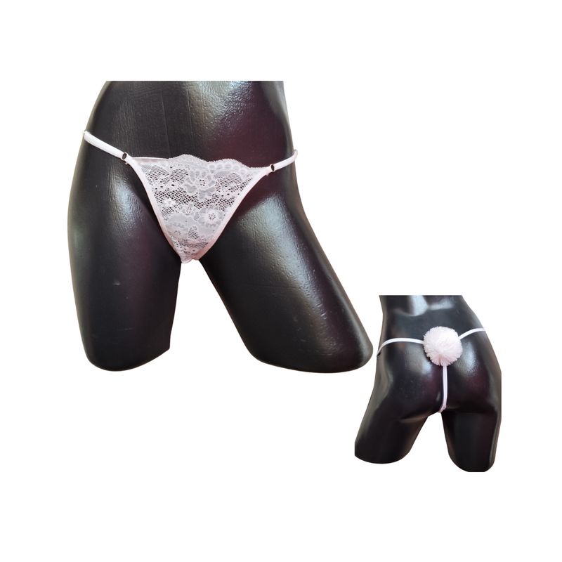 GENERICO - Tanga con Pom Pom en Encaje Tipo Hilo Blanco Talla Única