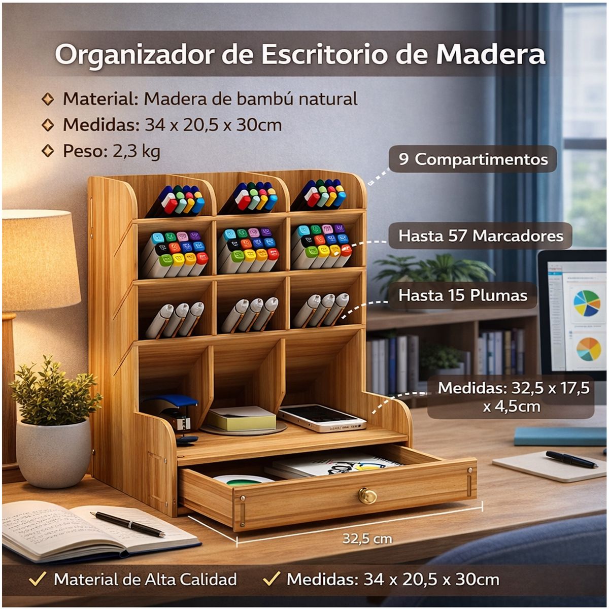 ONE PIXEL - Organizador De Escritorio Madera Oficina Multifuncional