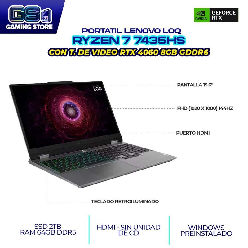 LENOVO - PORTATIL GAMER LENOVO LOQ RYZEN 7 7435HS 15.6" - 144HZ RTX4060 8GB SSD 2TB M.2 RAM 64GB DDR5