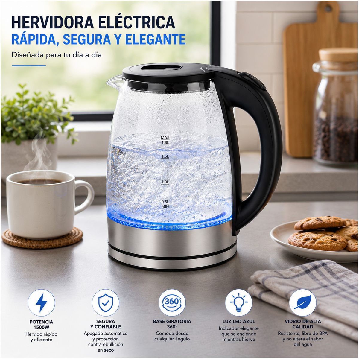 ONE PIXEL - Hervidor Electrico De Agua En Vidrio Luz Led