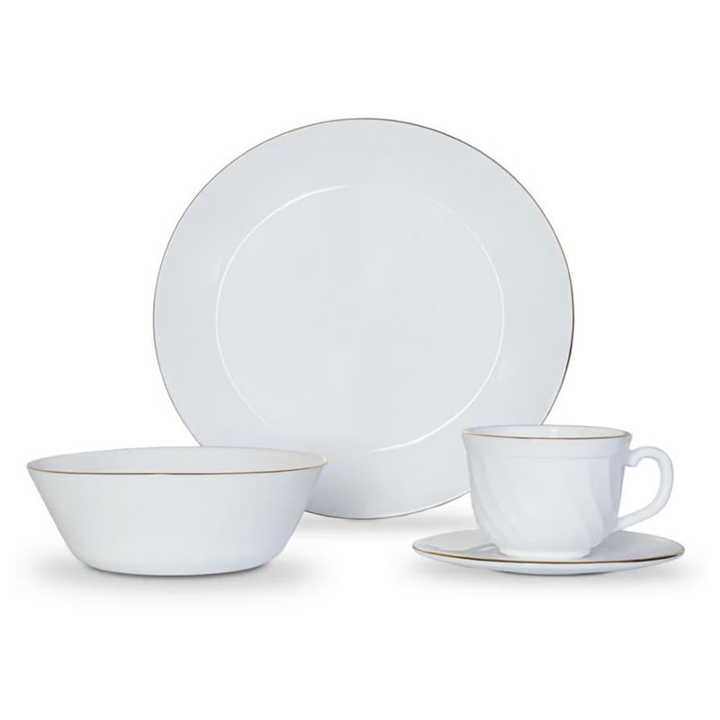 DANKI - Set Vajilla Ceramica Blanca Borde Dorado 4 Puestos