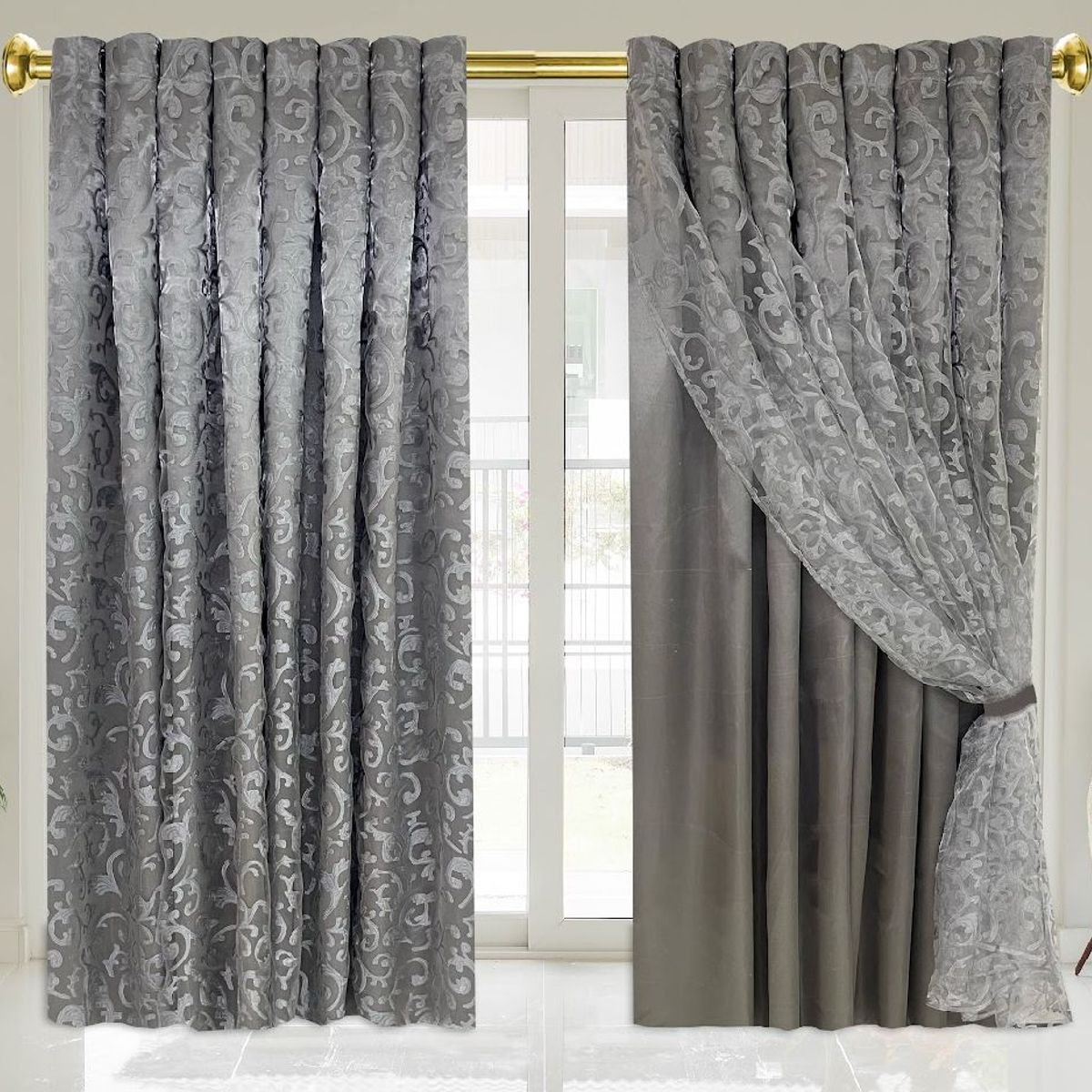 GENERICO - Elegantes cortinas Gris con velo de seda aro metalico - Almalu