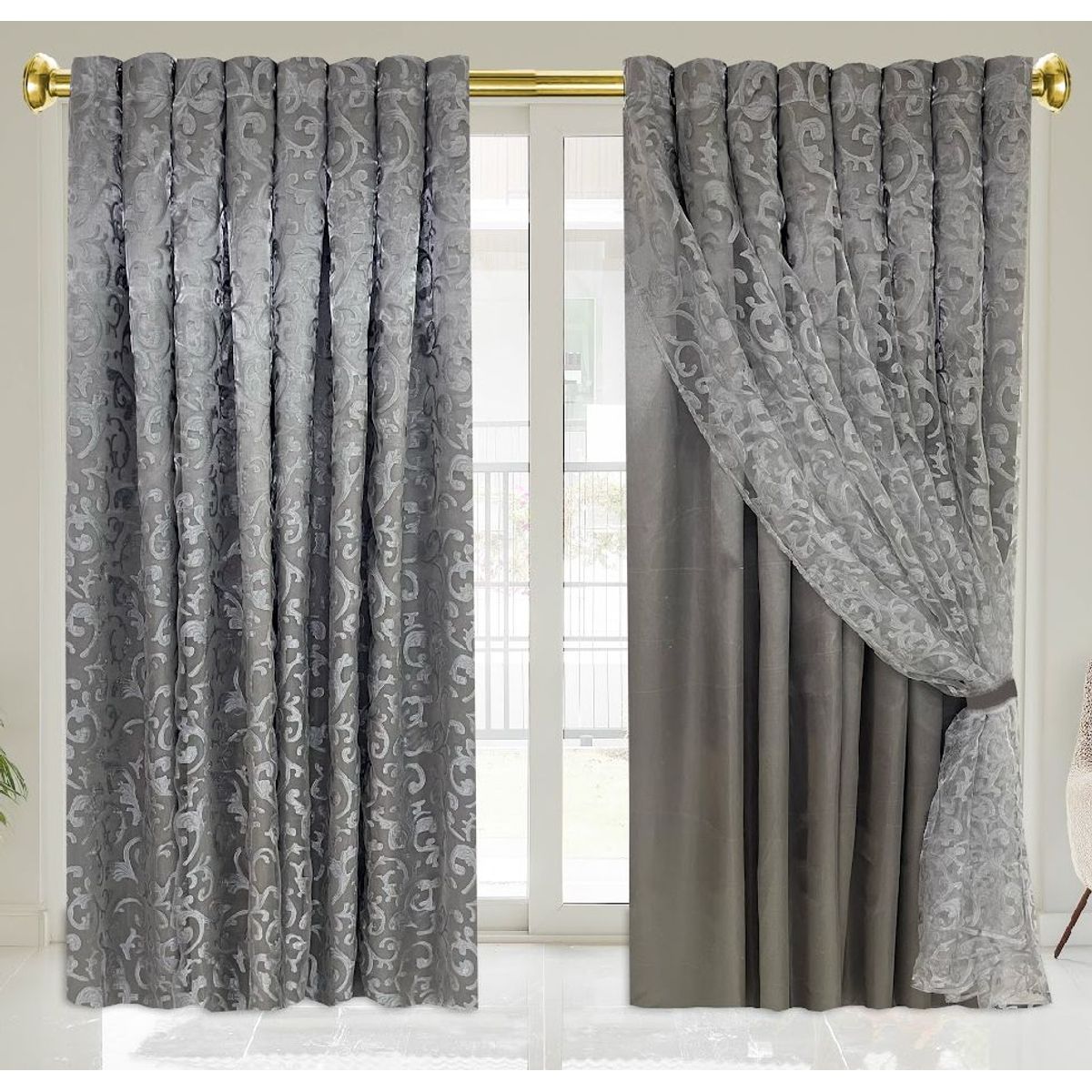 GENERICO - Elegantes cortinas Gris con velo de seda aro metalico - Almalu