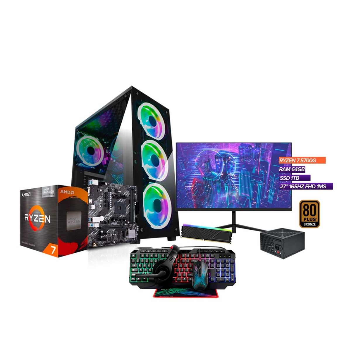 AMD - PC Gamer Ryzen 7 5700G / 64GB Ram / 1TB SSD / Board A520 / Monitor 27” 180Hz + Combo 4 en 1