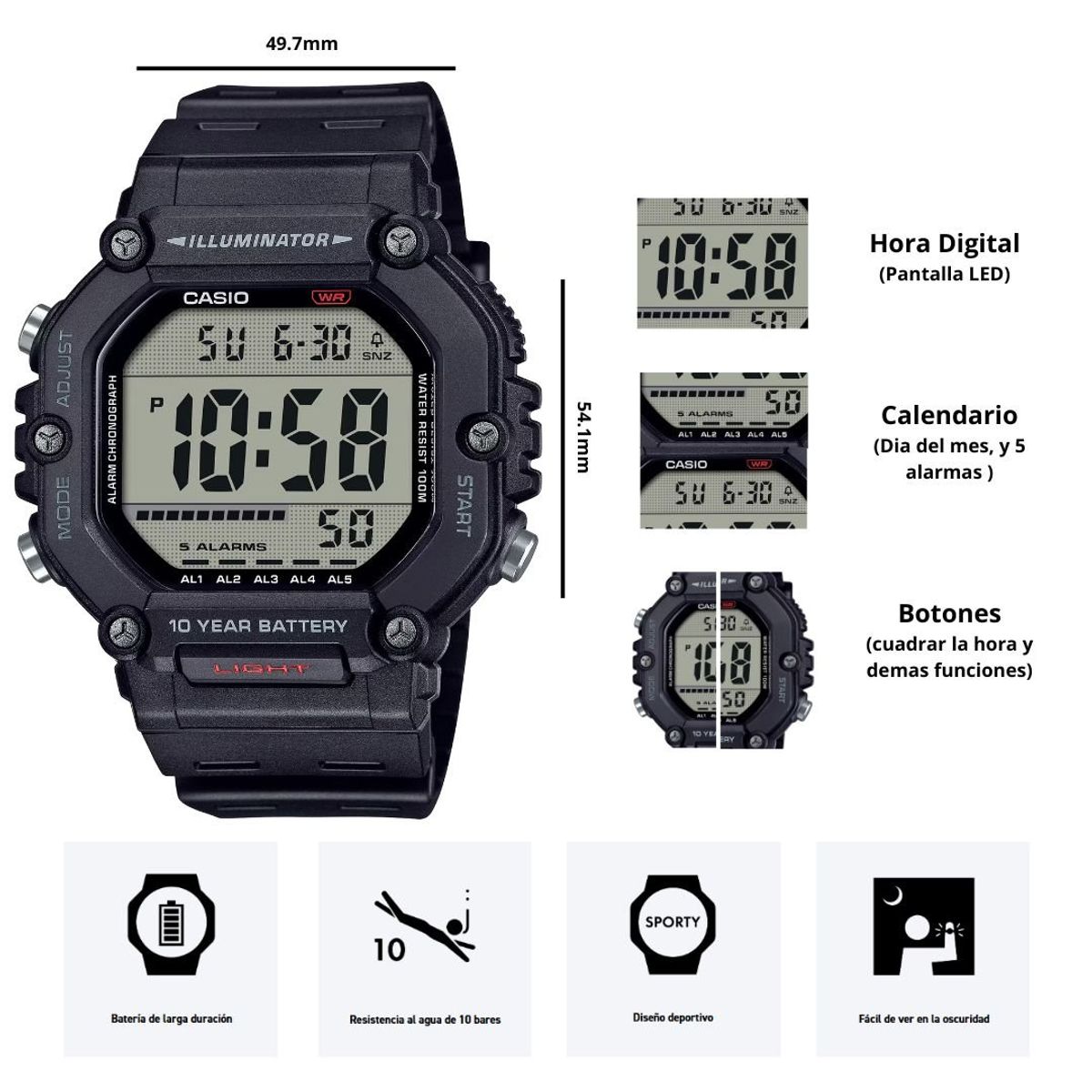 CASIO - Reloj Casio Modelo AE-1600H-1A Diseño Deportivo