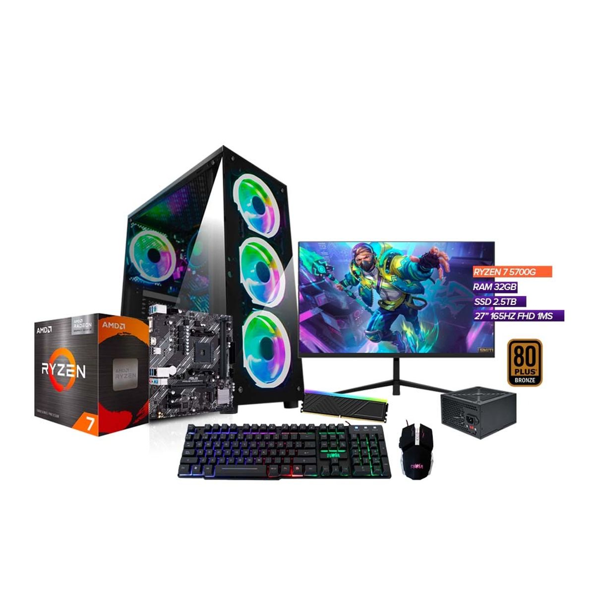 AMD - PC Gamer Ryzen 7 5700G / 32GB Ram / SSD 2.5TB / Monitor 27” 180Hz
