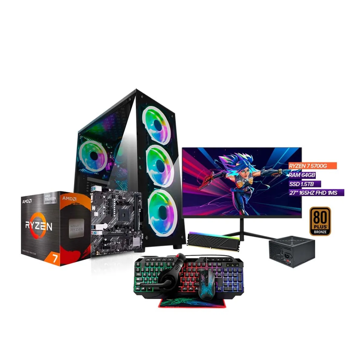 AMD - PC Gamer Ryzen 7 5700G / 64GB RAM / SSD 1.5TB / Monitor 27” 180hz + Combo 4 en 1