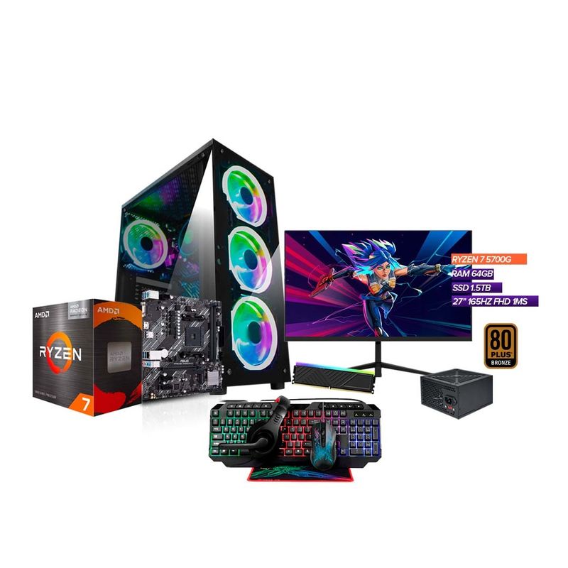 AMD - PC Gamer Ryzen 7 5700G / 64GB RAM / SSD 1.5TB / Monitor 27” + Combo 4 en 1