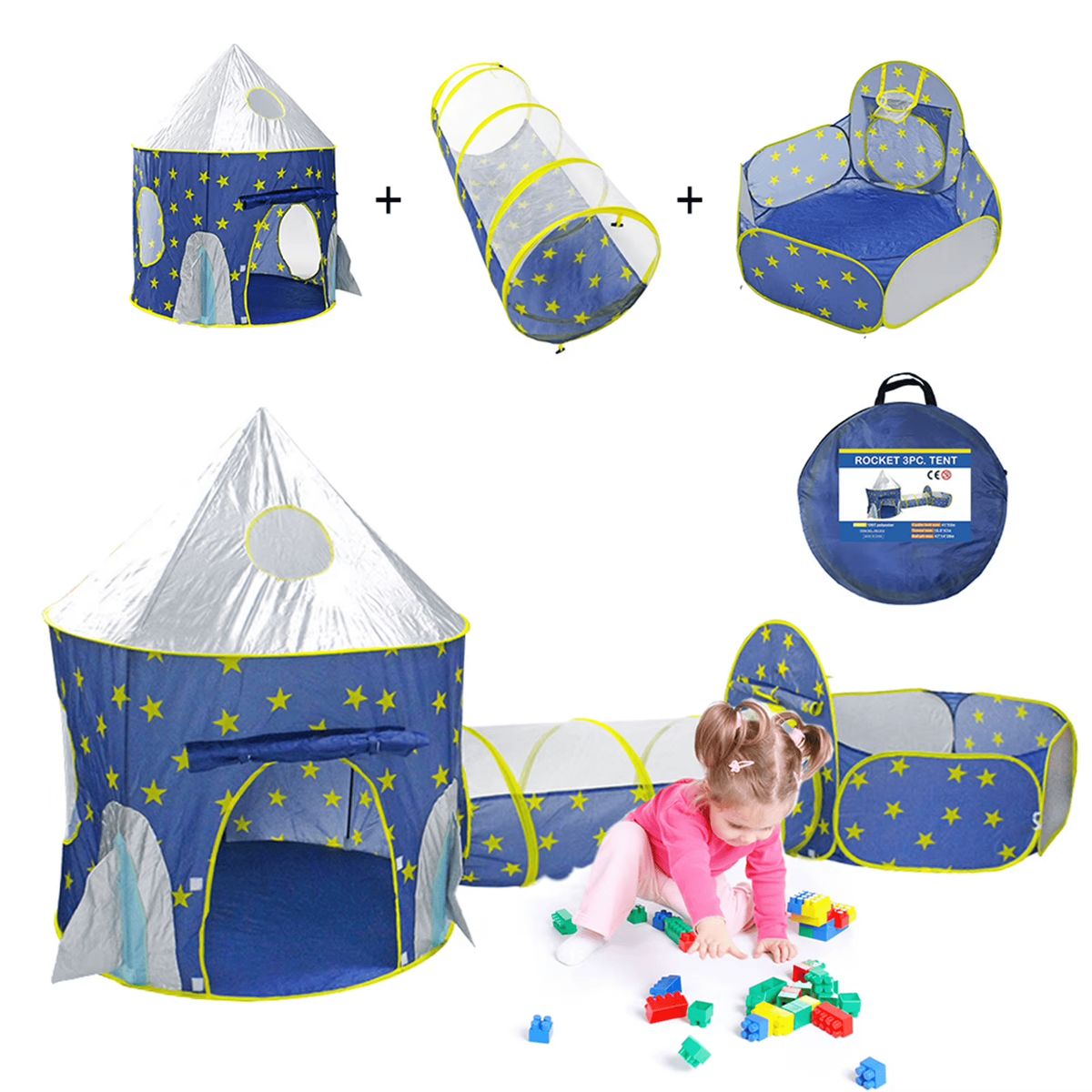BABY ON - Carpa Castillo Espacial 3 en 1 con túnel y zona de juegos Azul