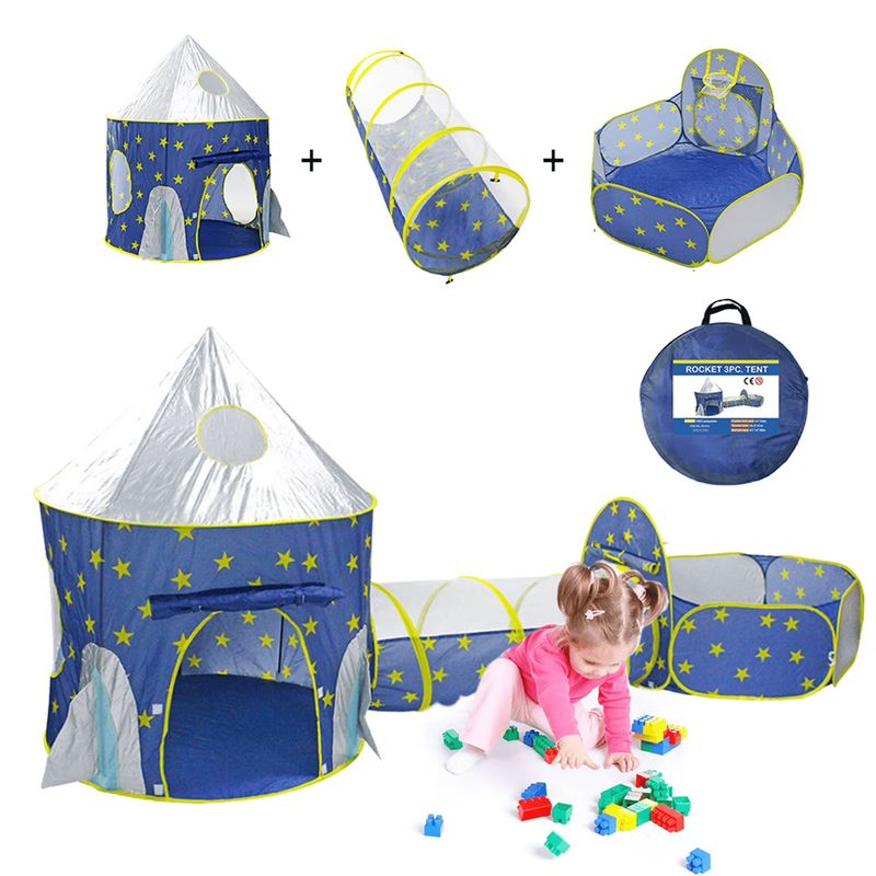 BABY ON - Carpa Castillo Espacial 3 en 1 con túnel y zona de juegos Azul