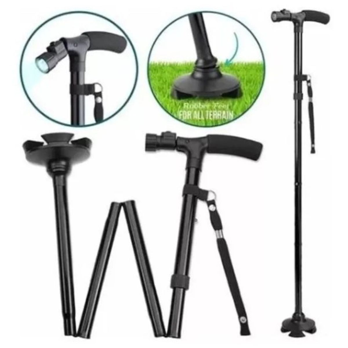 GENERICO - Bastón Ortopédico Con Linterna Luz Led Plegable Negro