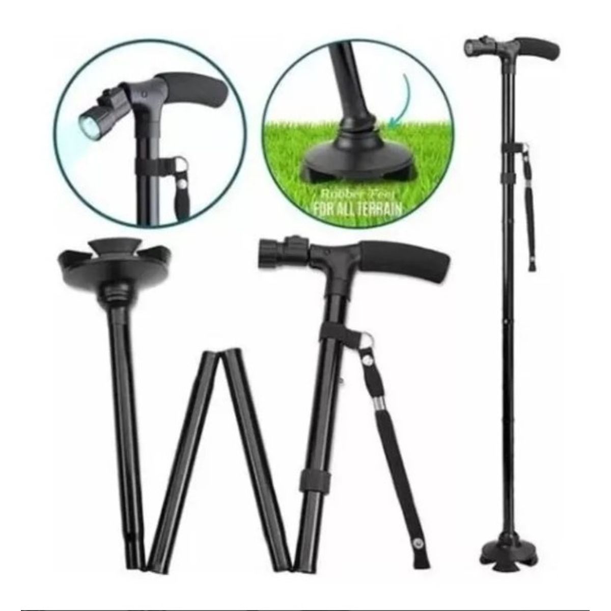 GENERICO - Bastón Ortopédico Con Linterna Luz Led Plegable Negro