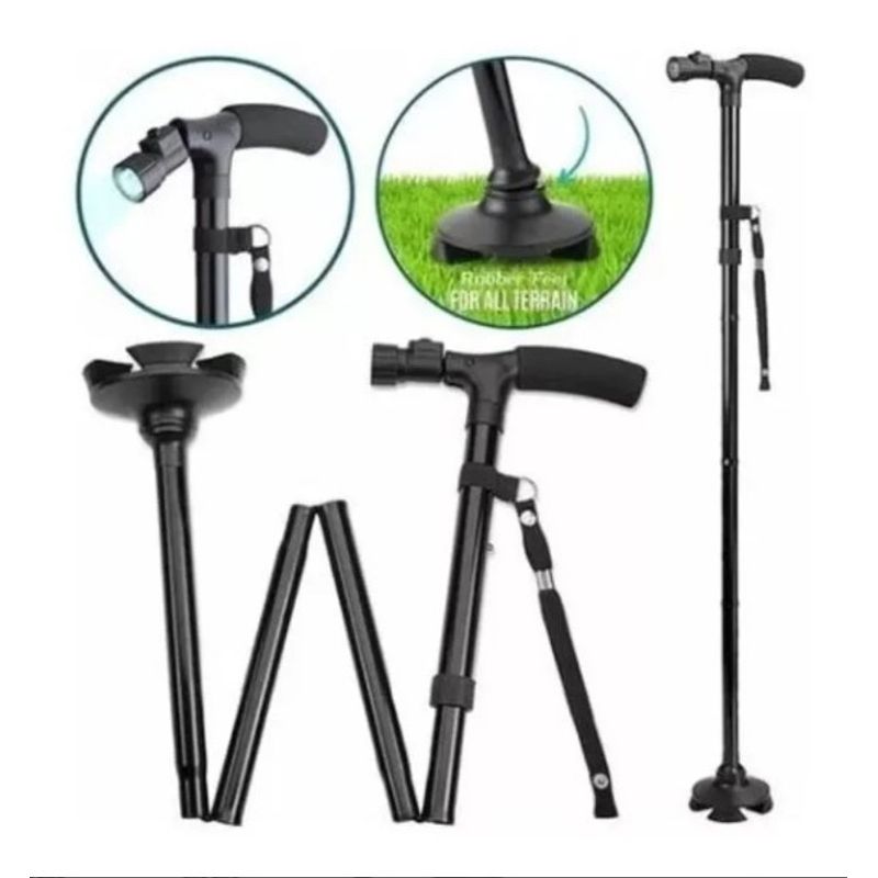 GENERICO - Bastón Ortopédico Con Linterna Luz Led Plegable Negro