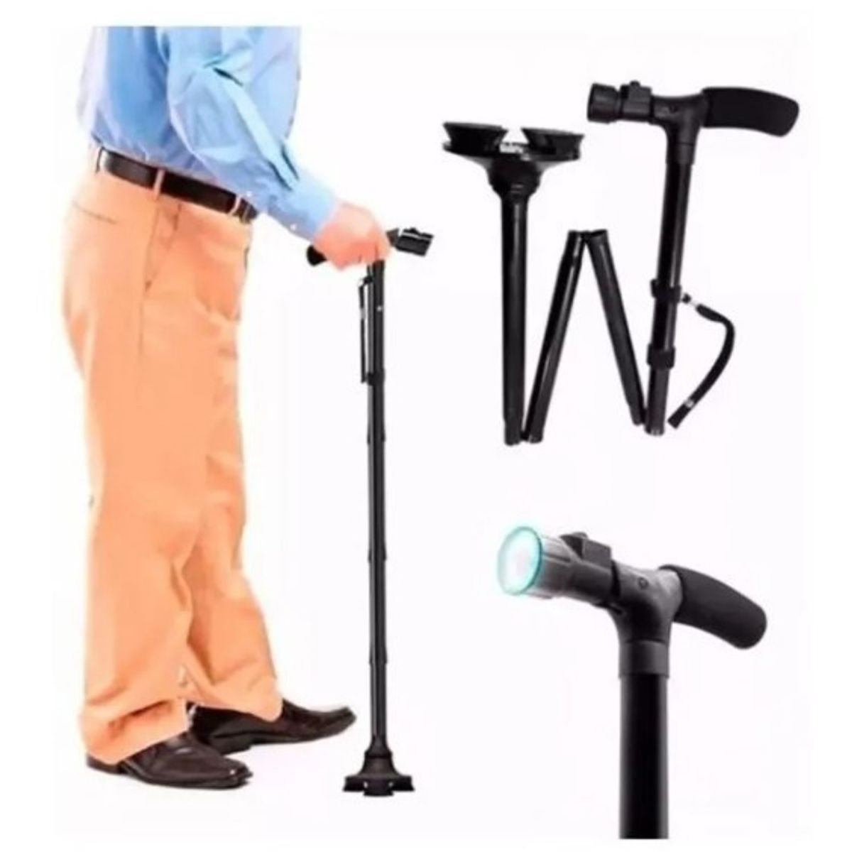 GENERICO - Bastón Ortopédico Con Linterna Luz Led Plegable Negro