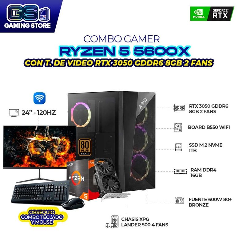 AMD - PC GAMER RYZEN 5 5600X RTX3050 8GB BOARD B550 WIFI RAM 16GB DDR4 SSD 1TB M.2