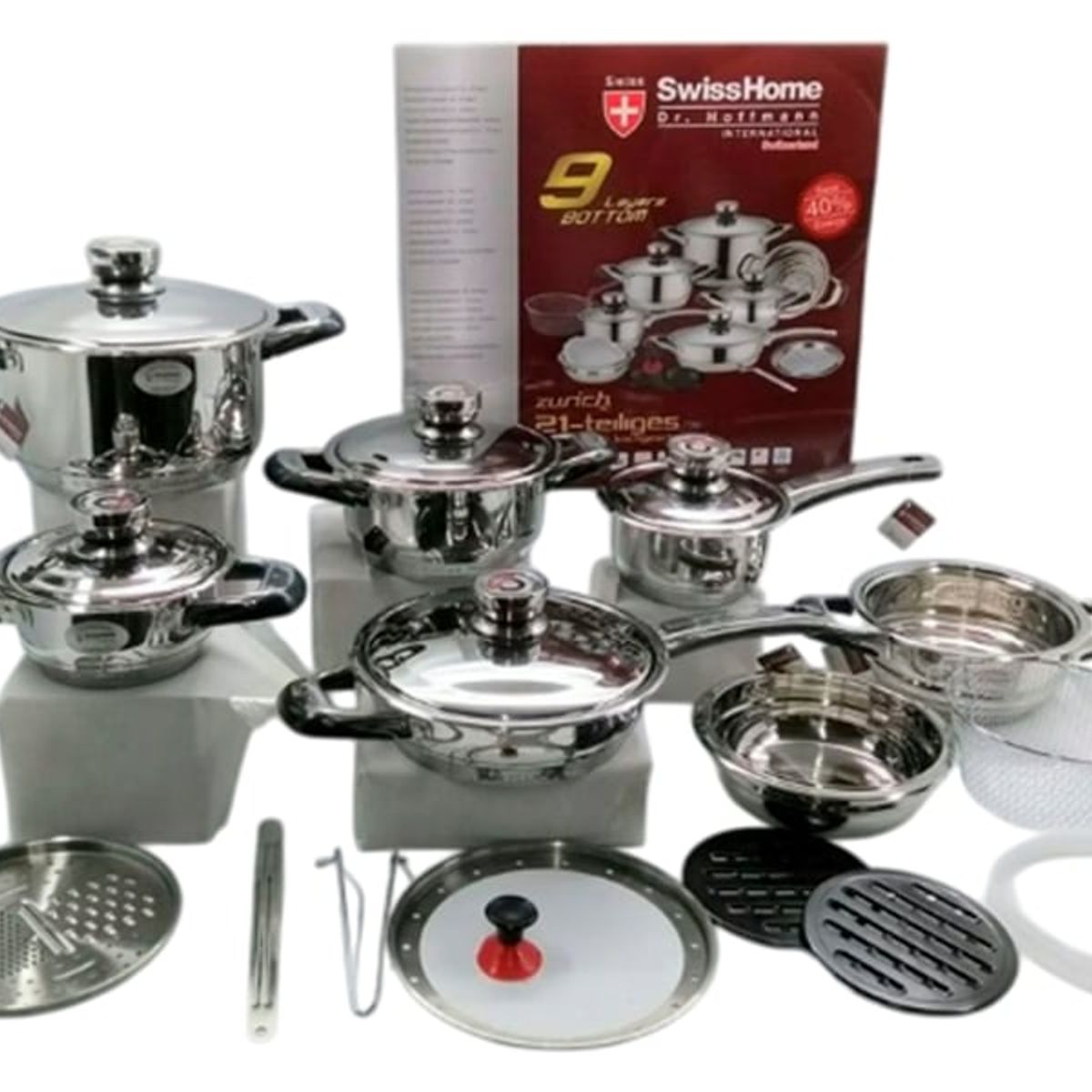 SWISSHOME - Bateria De Ollas Acero Quirúrgico Swiss Home 21 Piezas + Obsequio