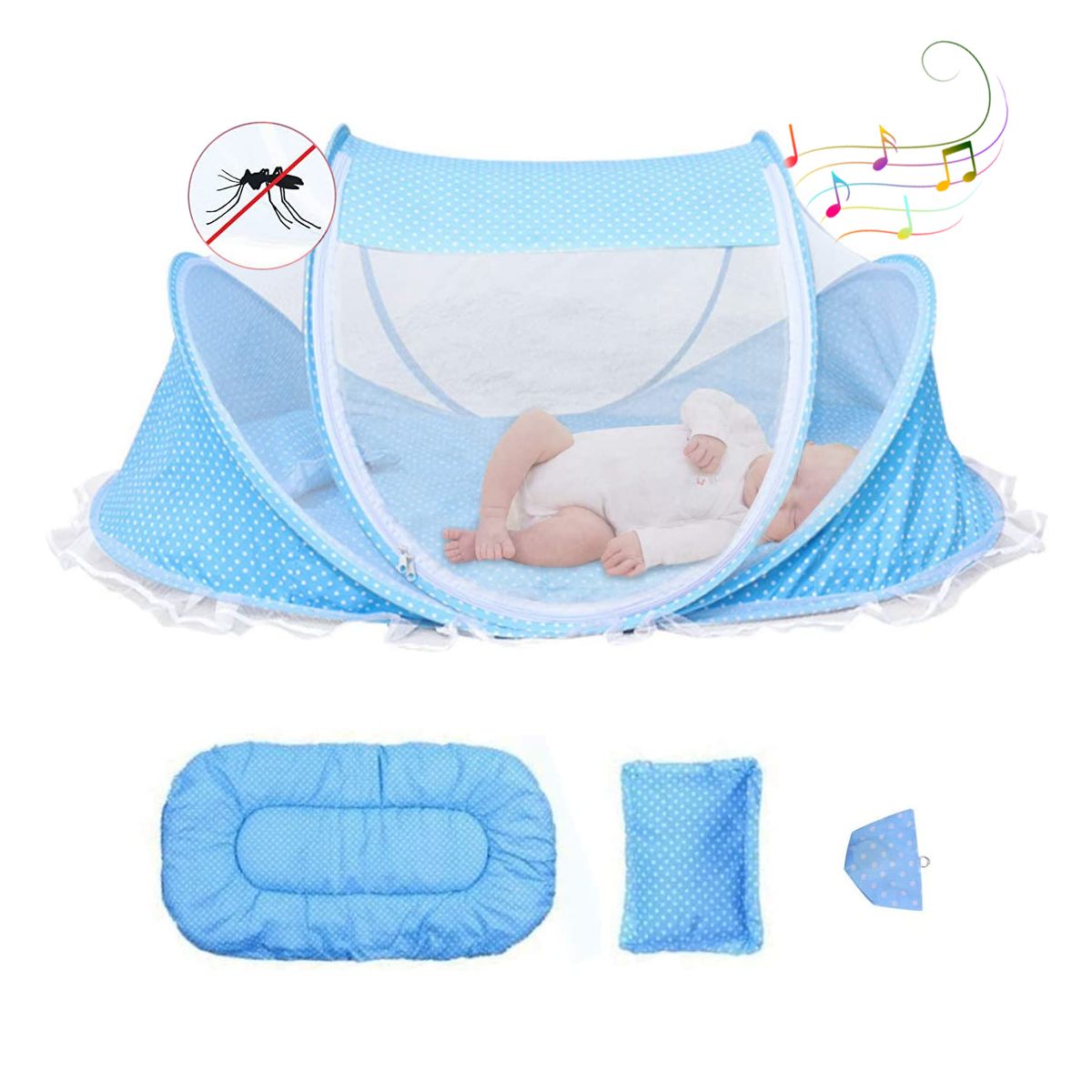 BABY ON - Cuna Mosquitero Portátil para Bebés Y Niños Musical Azul