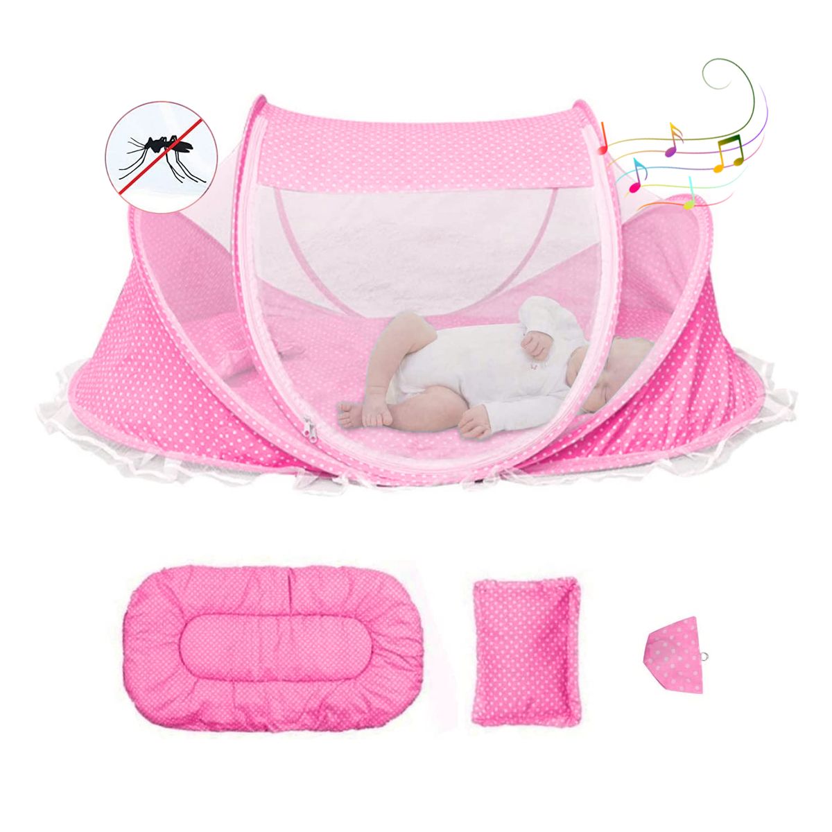BABY ON - Cuna Mosquitero Portátil para Bebés Y Niños Musical Rosa