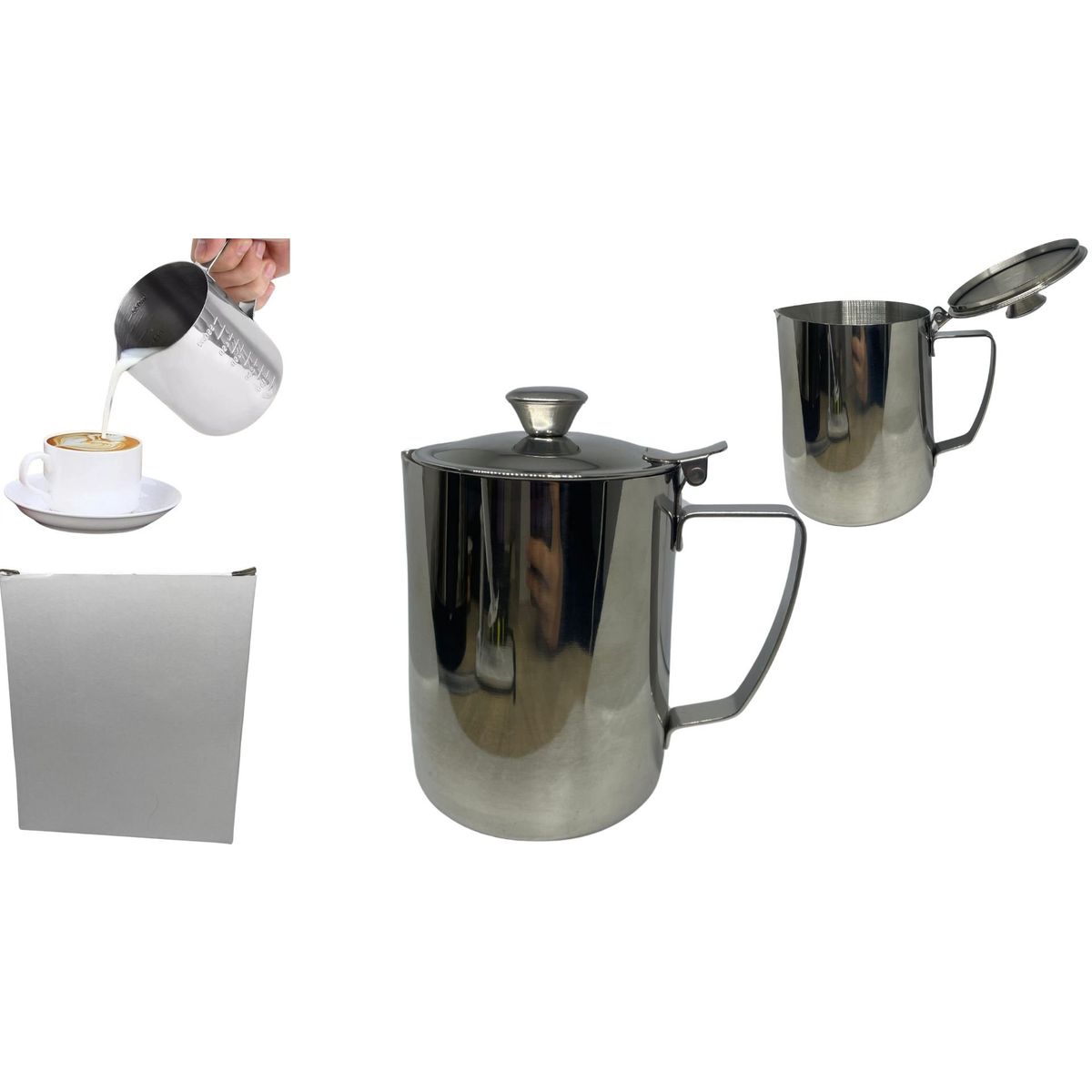 MAZUGI - Jarra lechera con tapa Espuma Café Barista 1000ml acero Inoxidable