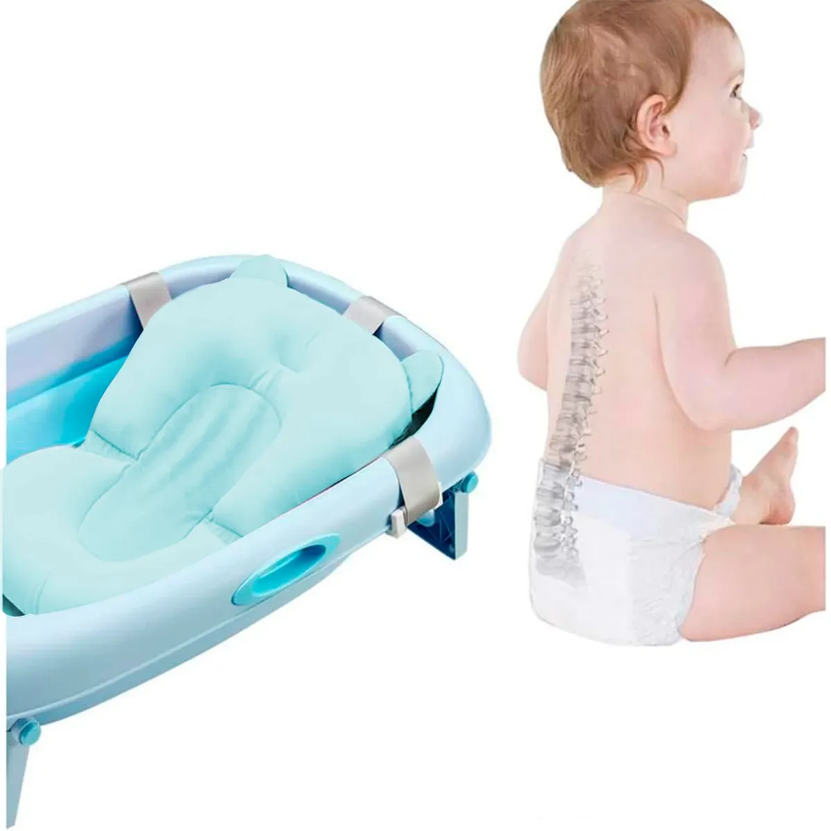 BABY ON - Cojín Malla Acolchada para Tina Bañera de Bebé Ergonomica Az
