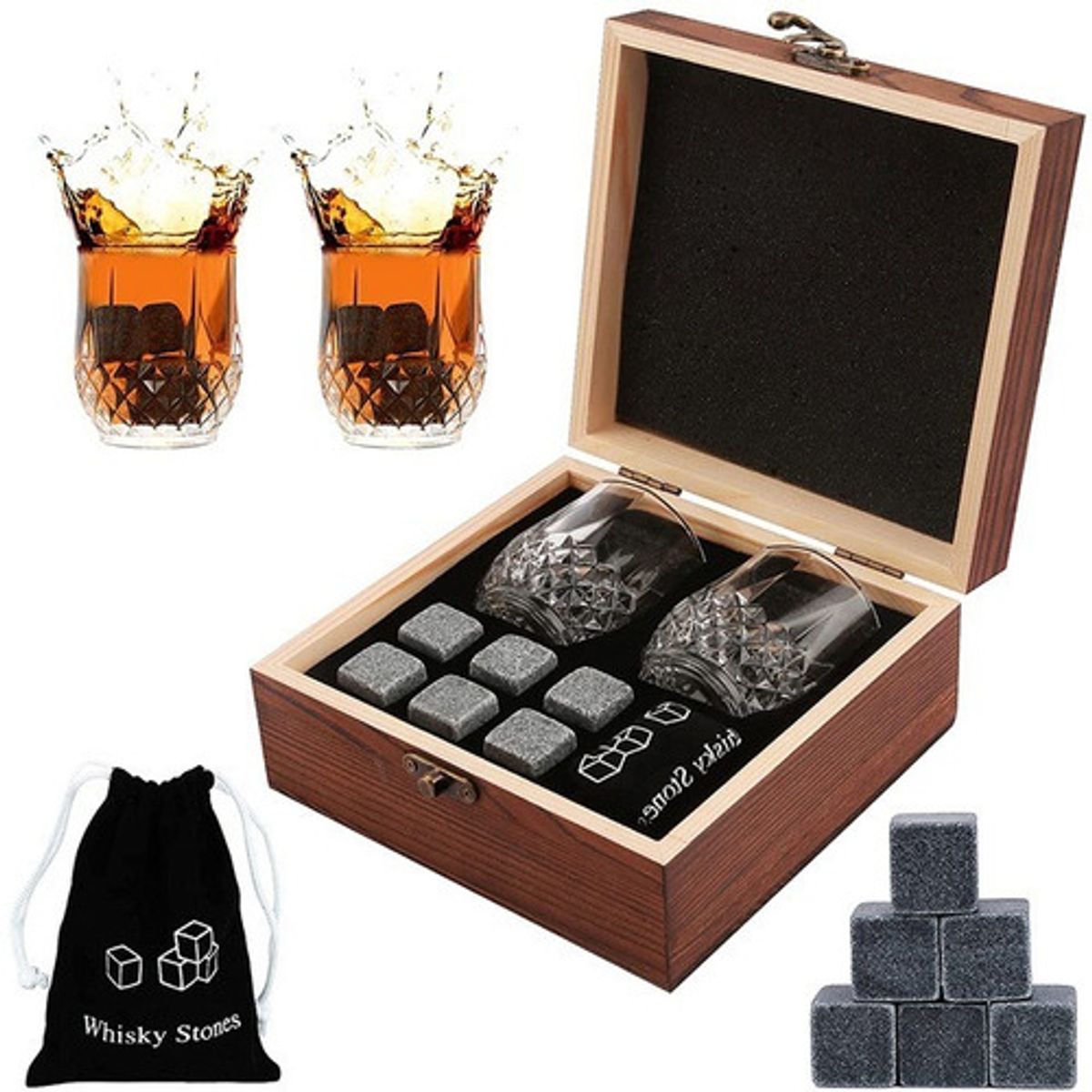 ORIGINAL HEALTH - Set De Lujo Whisky Dos Vasos + Rocas Hielo + Estuche Madera