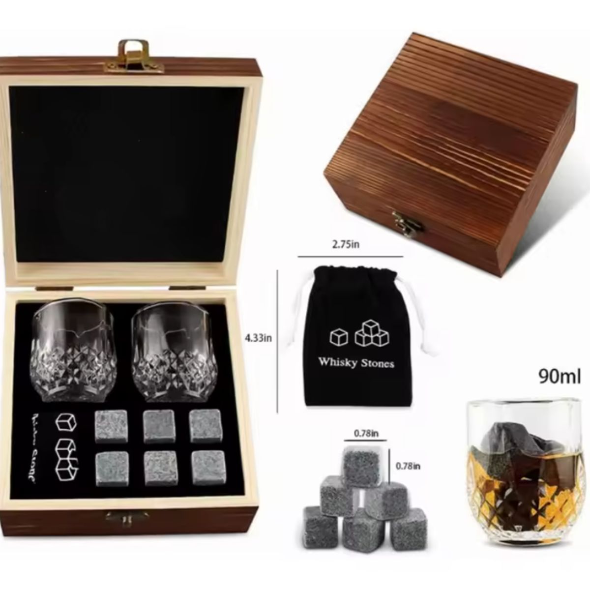 ORIGINAL HEALTH - Set De Lujo Whisky Dos Vasos + Rocas Hielo + Estuche Madera