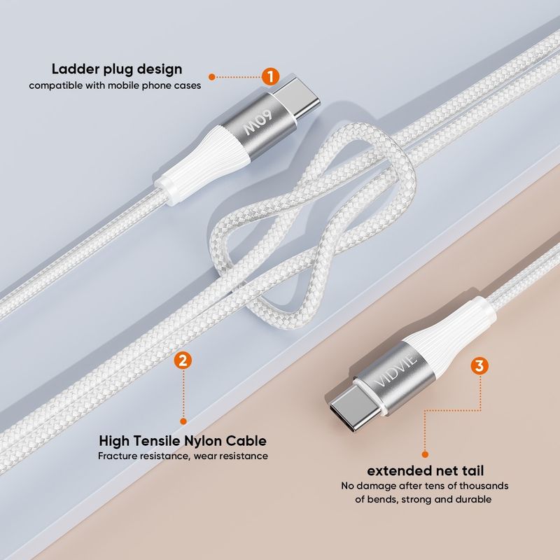 VIDVIE - Cable Tipo C Tipo C  Cable 2 mts 60W Trenzado Vidvie CB4038-2C&C