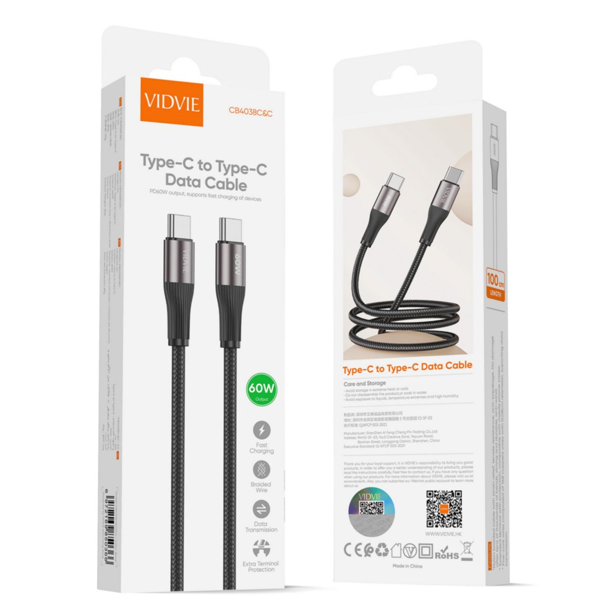 VIDVIE - Cable Tipo C Tipo C  Cable 2 mts 60W Trenzado Vidvie CB4038-2C&C