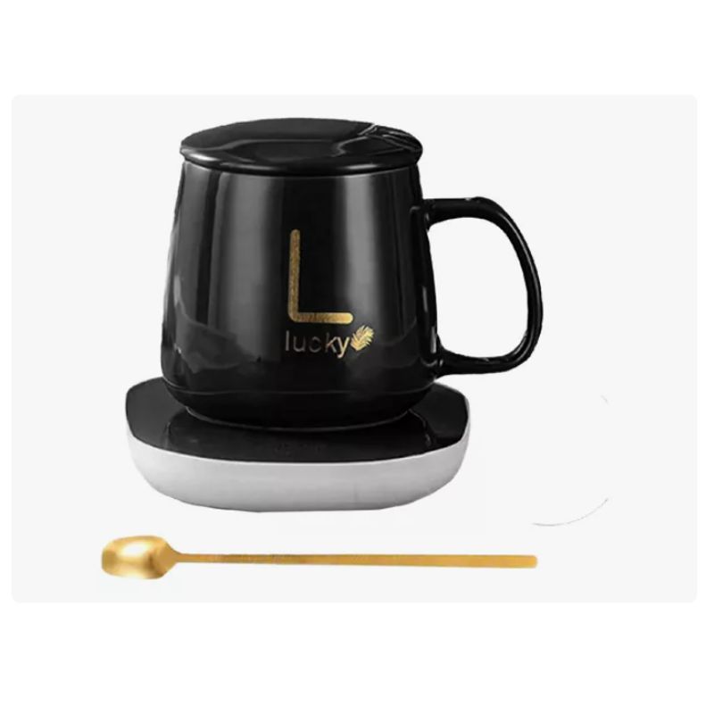 INNOVA - Taza Mug Pocillo Cerámica Base Electrica Calentadora Bebidas Cuchara