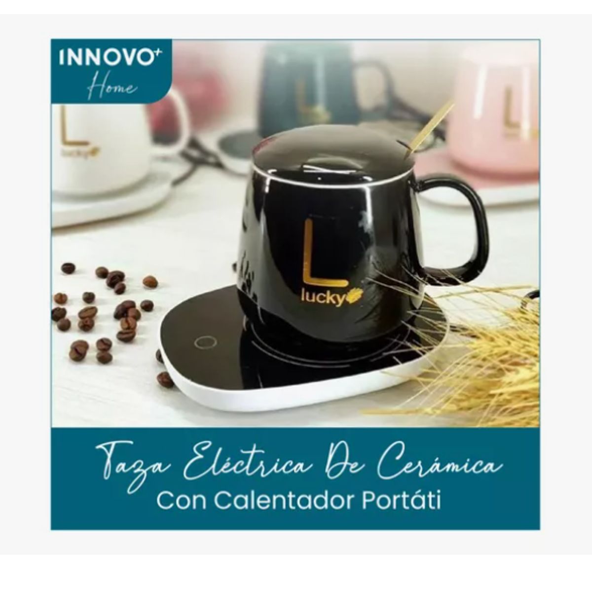 INNOVA - Taza Mug Pocillo Cerámica Base Electrica Calentadora Bebidas Cuchara