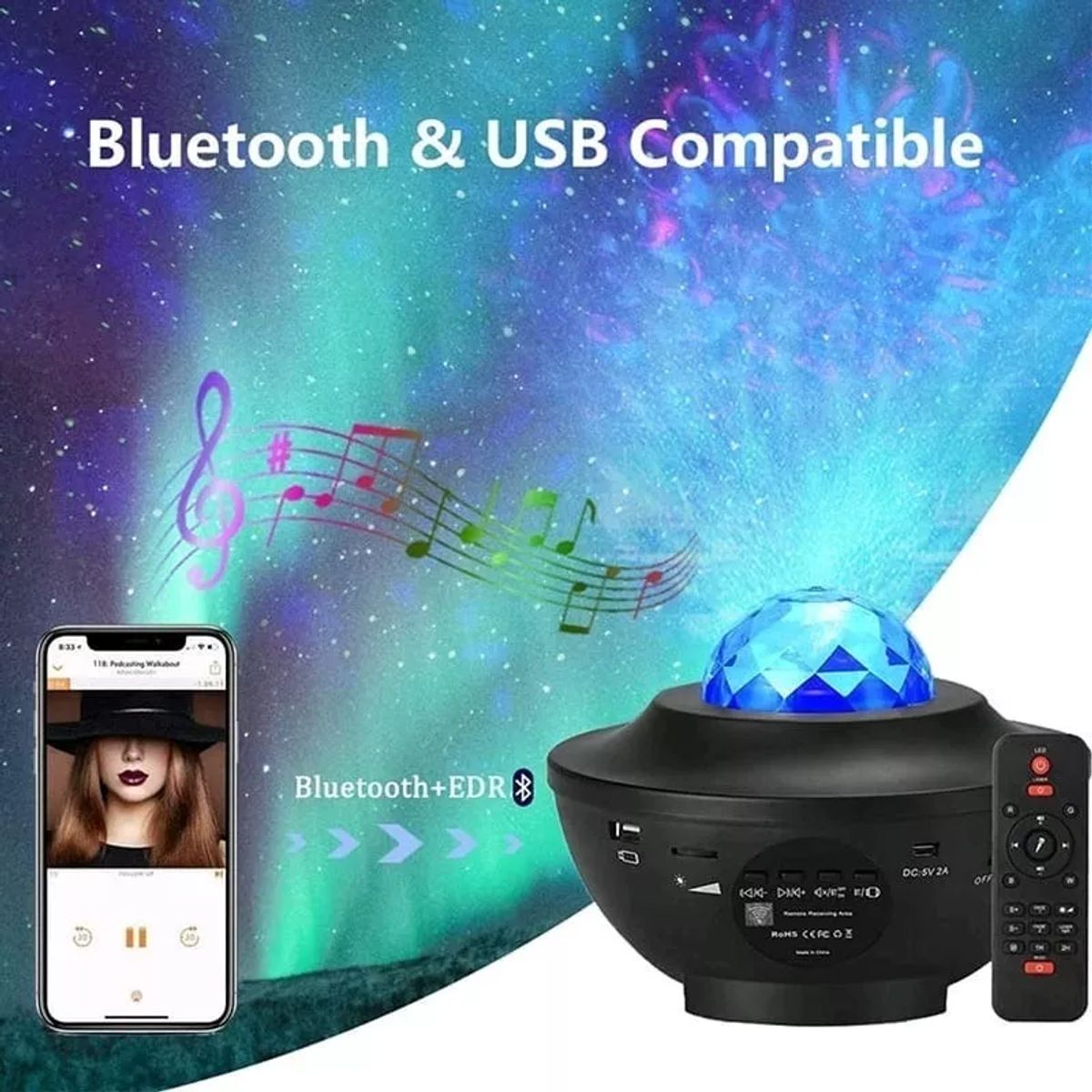 GENERICO - Lampara Proyector Bluetooth Usb Starry Luces Led+ Control