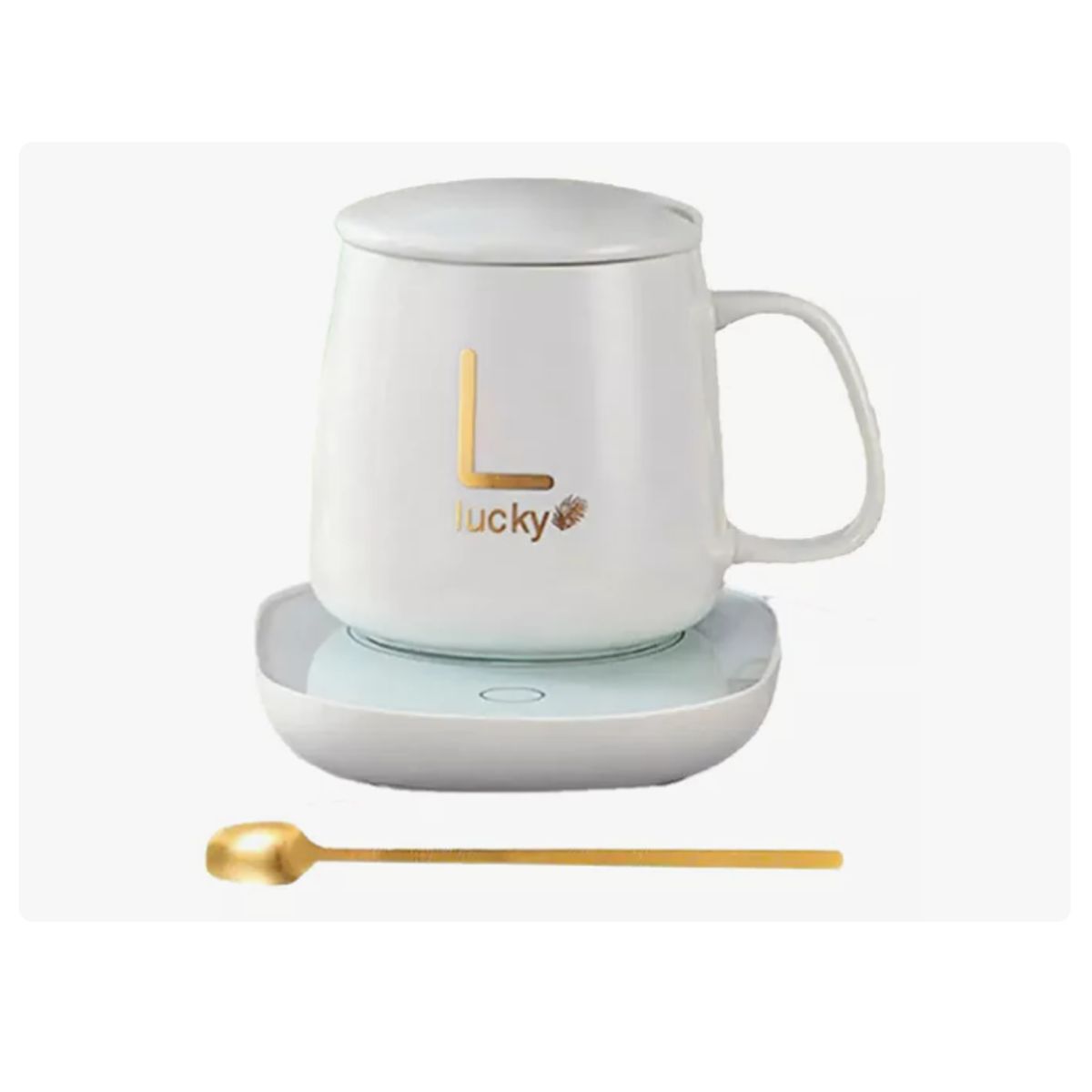 INNOVA - Taza Mug Pocillo Cerámico Base Electrica Calentadora Bebidas Cuchara