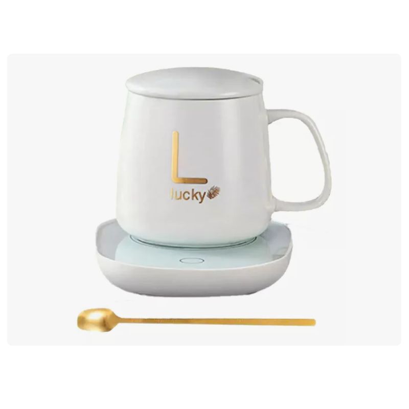 INNOVA - Taza Mug Pocillo Cerámico Base Electrica Calentadora Bebidas Cuchara