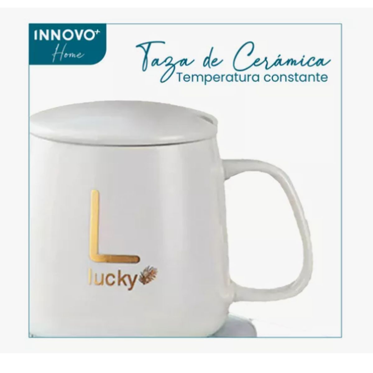 INNOVA - Taza Mug Pocillo Cerámico Base Electrica Calentadora Bebidas Cuchara