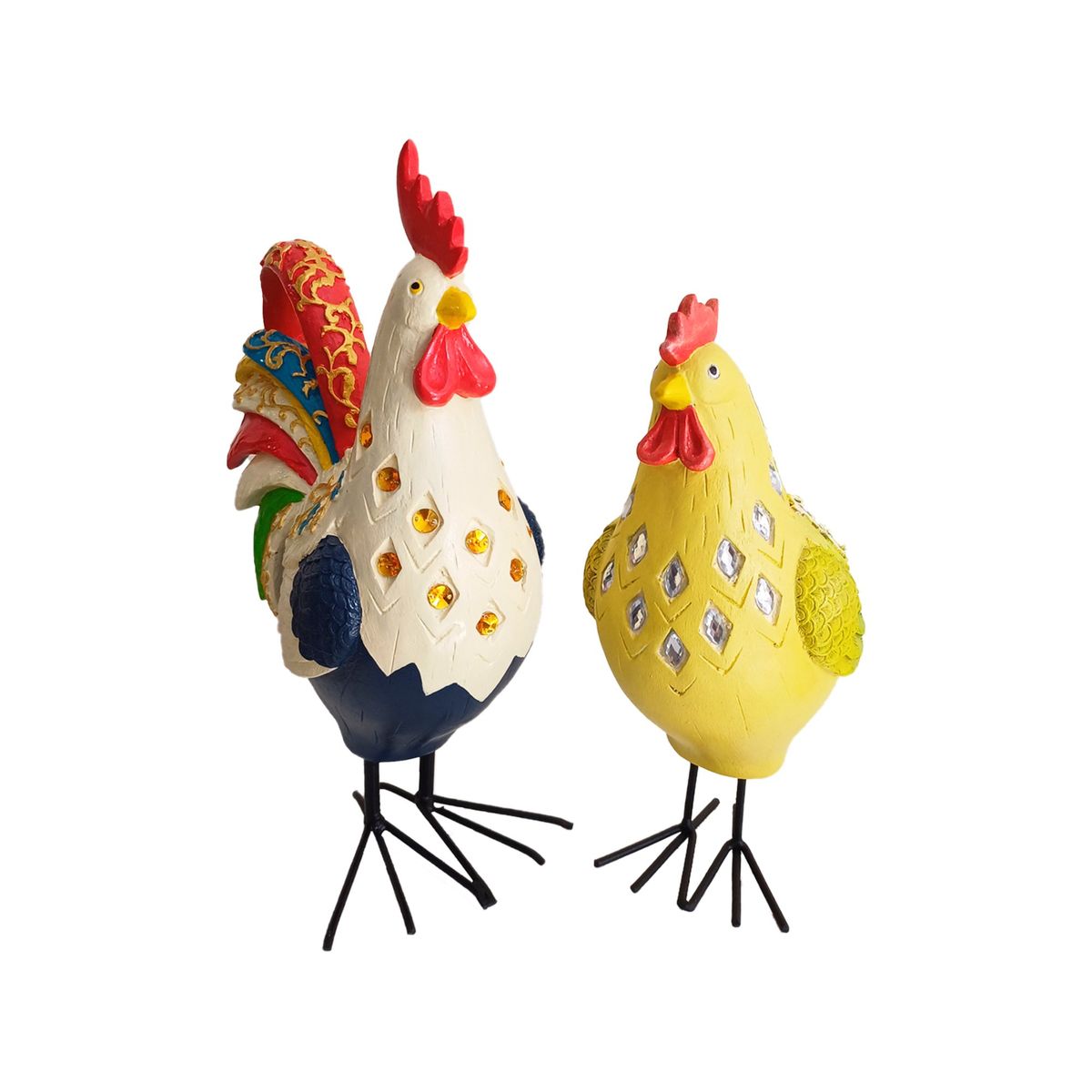 PLINI - Figuras Gallo y Gallina Colors 26cm y 21cm Resina Set x 2